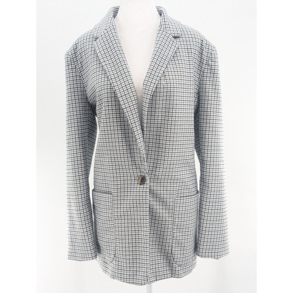 A New Day Oversized Blue Cream Brown Checkered Size Large Button Blazer Jacket